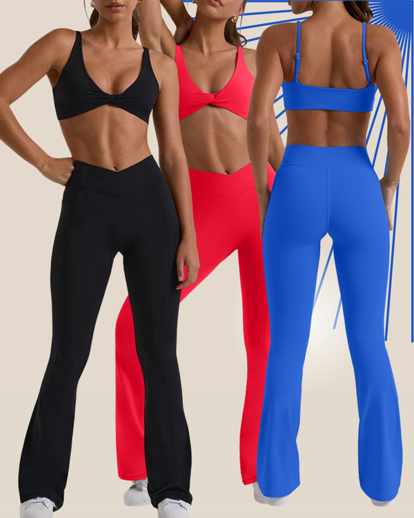 Suit Yourself Twist Front Sports Bra With Flared Wide Leg Pants Leggings 2 Piece Set