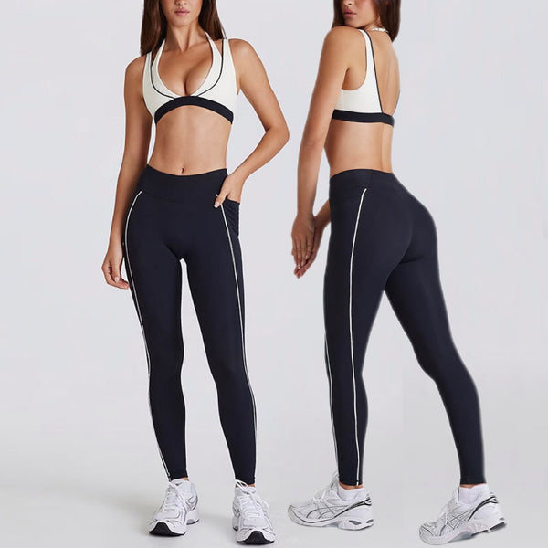 Traje deportivo con cuello en V profundo, conjunto de yoga de color contrastante, ropa deportiva de gimnasio, fitness y ocio al aire libre, conjunto de 2 piezas