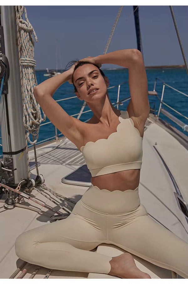 Scallops  One Shoulder Womens Sports Bras and Leggings Set.